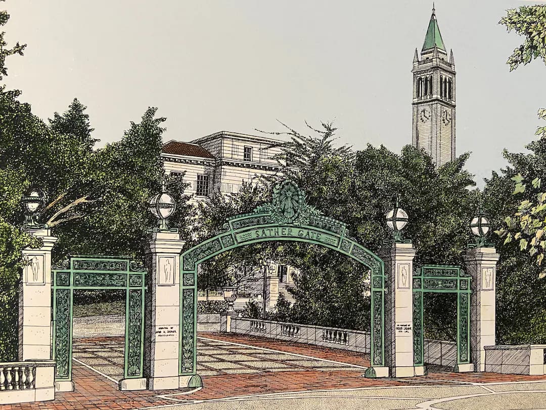 An ink and watercolour drawing of Sather Gate, with the Campanile behind it
